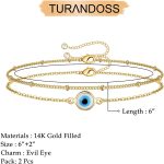 Dainty Gold Bracelets for Women, 14K Gold Filled Adjustable Layered Bracelet Cute Evil Eye Oval Chain Pearl Bar Turtle Gold Bracelets for Women Jewelry - Image 2